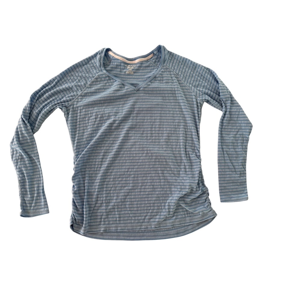 ExOfficio Womens XL Blue Striped Pointelle V-Neck Long Sleeve Ruched Active Top